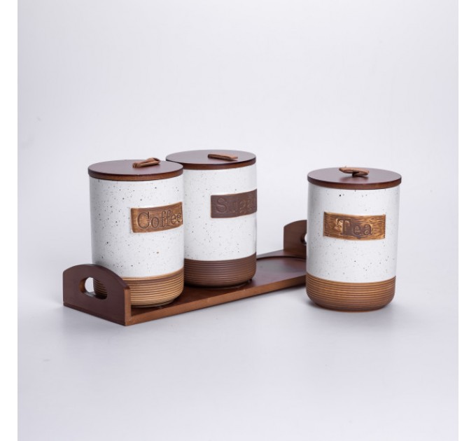 Набір банок для сипучих продуктів 3 штуки по 800 мл на бамбуковій підставці, бежевий