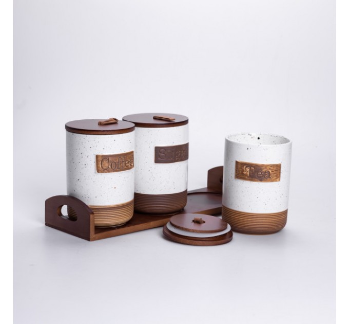 Набір банок для сипучих продуктів 3 штуки по 800 мл на бамбуковій підставці, бежевий