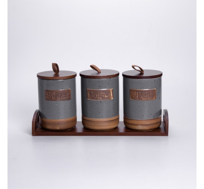 Набір банок для сипучих продуктів 3 штуки по 800 мл на бамбуковій підставці, сірий
