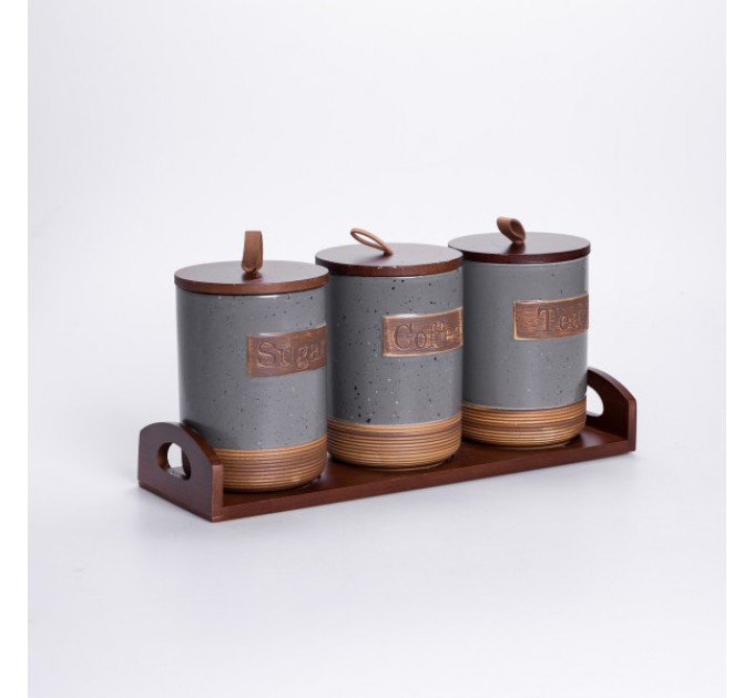 Набір банок для сипучих продуктів 3 штуки по 800 мл на бамбуковій підставці, сірий