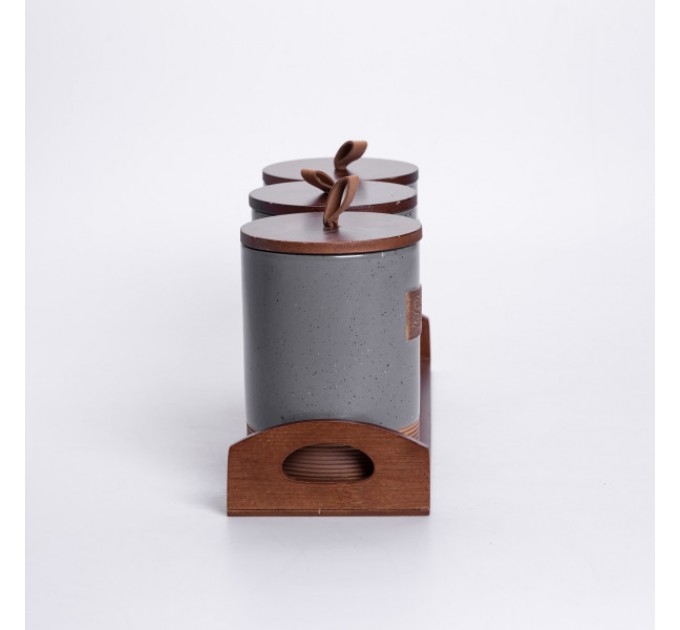 Набір банок для сипучих продуктів 3 штуки по 800 мл на бамбуковій підставці, сірий