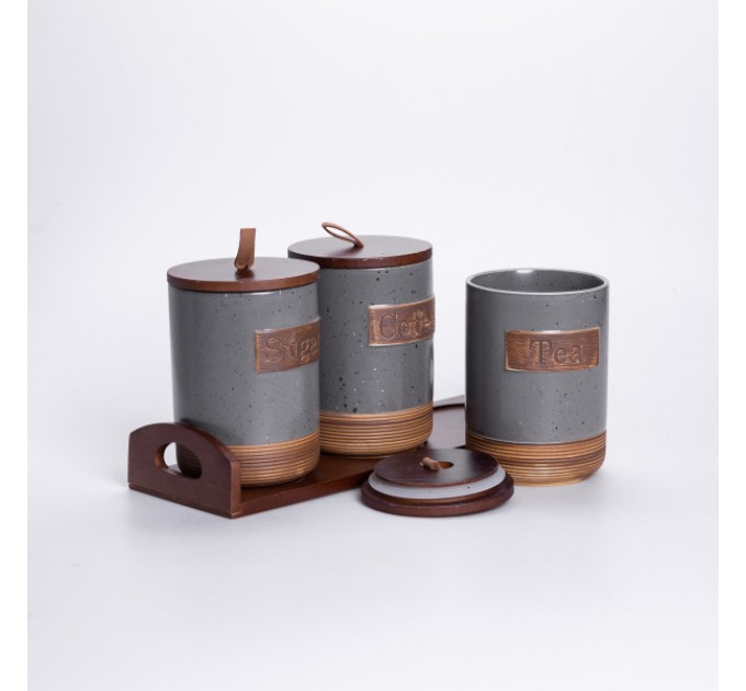 Набір банок для сипучих продуктів 3 штуки по 800 мл на бамбуковій підставці, сірий