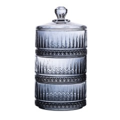 Цукерниця трирівнева з кришкою скляна ребриста, сірий