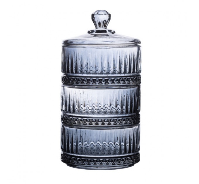 Цукерниця трирівнева з кришкою скляна ребриста, сірий Цукерниця трирівнева з кришкою скляна ребриста, сірий