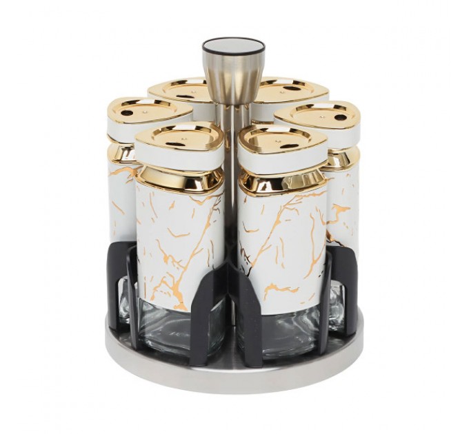 Набор банок для специй на подставке 6 шт по 120 мл, белый мрамор