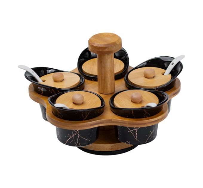 Набір баночок для сипучих продуктів 5 штук по 120 мл на поворотній підставці, чорний мармур