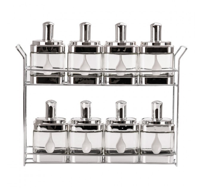 Набір банок для сипучих продуктів 8 штук з ложкою на підставці, хром Набір банок для сипучих продуктів 8 штук з ложкою на підставці, хром