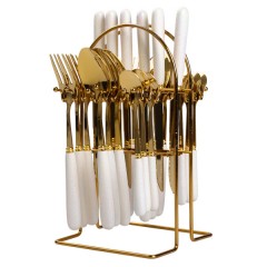 Набір столових приборів на підставці 24 предмети з керамічними ручками, золотистий