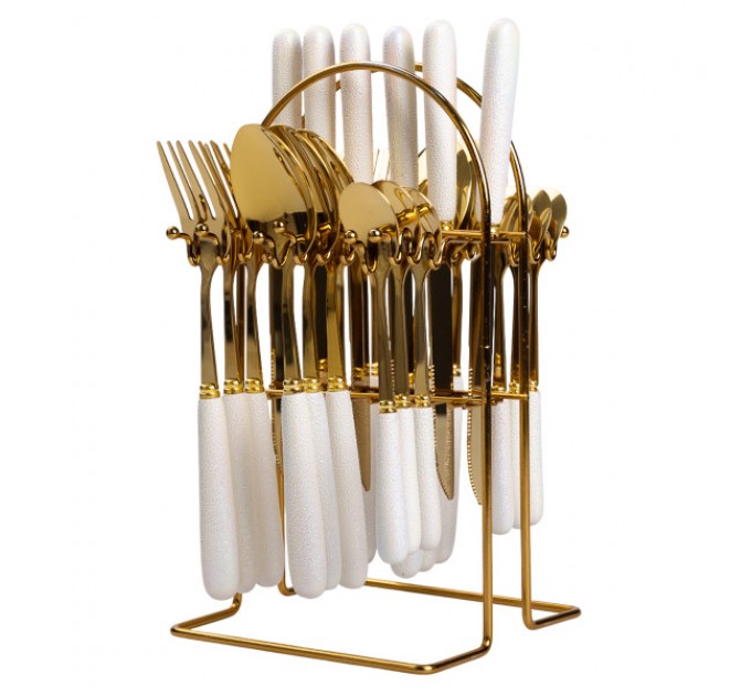 Набір столових приборів на підставці 24 предмети з керамічними ручками, золотистий Набір столових приборів на підставці 24 предмети з керамічними ручками, золотистий