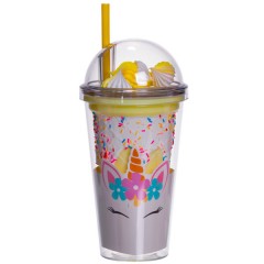 Склянка багаторазова Єдиноріг з кришкою та трубочкою, жовтий