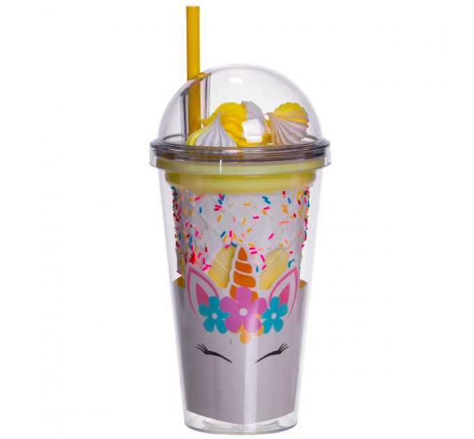 Склянка багаторазова Єдиноріг з кришкою та трубочкою, жовтий Склянка багаторазова Єдиноріг з кришкою та трубочкою, жовтий