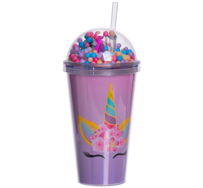 Склянка багаторазова Єдиноріг з кришкою та трубочкою, бузковий