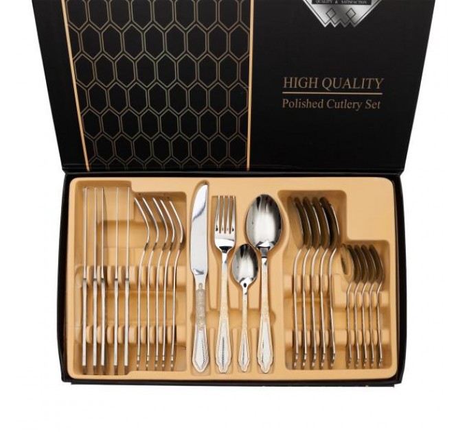 Набір столових приборів на 6 персон зі східним орнаментом, хром із золотом Набір столових приборів на 6 персон зі східним орнаментом, хром із золотом