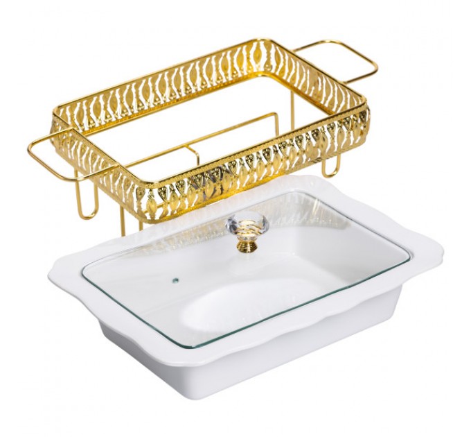 Мармитница прямоугольная фарфоровая 2 л на подставке с подогревом, белый