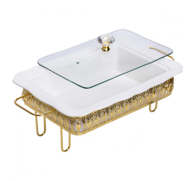 Мармитница прямоугольная фарфоровая 2 л на подставке с подогревом, белый