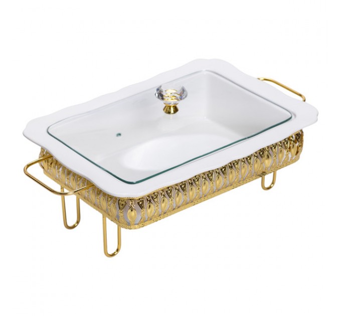 Мармитница прямоугольная фарфоровая 2 л на подставке с подогревом, белый