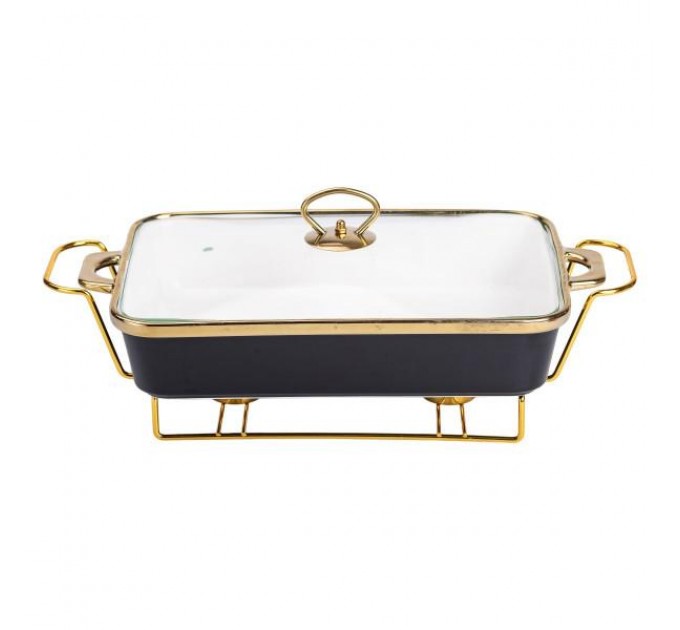 Мармітниця керамічна прямокутна прямокутна 2 л з підставкою та скляною кришкою, чорний Мармітниця керамічна прямокутна прямокутна 2 л з підставкою та скляною кришкою, чорний