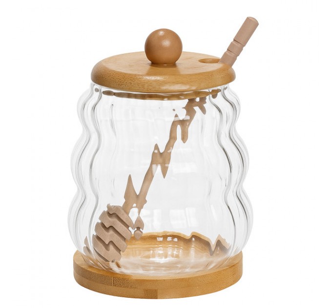 Медовниця скляна з кришкою 320 мл на бамбуковій підставці Медовниця скляна з кришкою 320 мл на бамбуковій підставці
