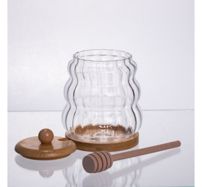 Медовниця скляна з кришкою 320 мл на бамбуковій підставці