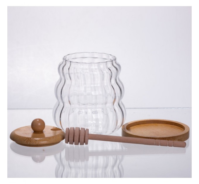 Медовниця скляна з кришкою 320 мл на бамбуковій підставці