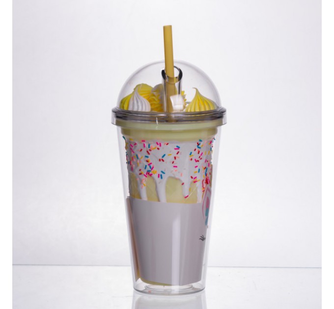 Склянка багаторазова Єдиноріг з кришкою та трубочкою, жовтий