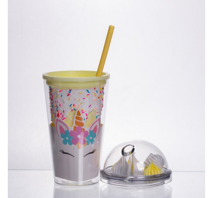 Склянка багаторазова Єдиноріг з кришкою та трубочкою, жовтий