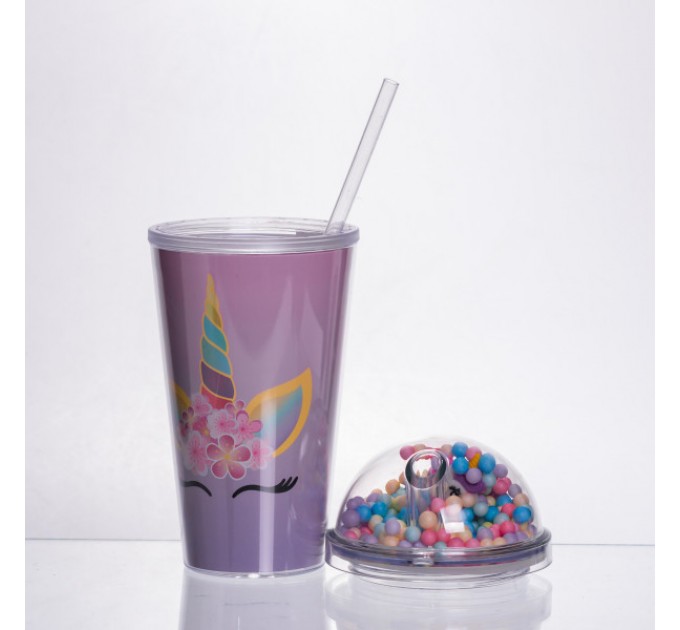 Склянка багаторазова Єдиноріг з кришкою та трубочкою, бузковий