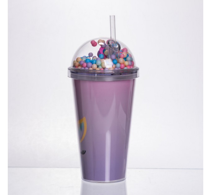 Склянка багаторазова Єдиноріг з кришкою та трубочкою, бузковий