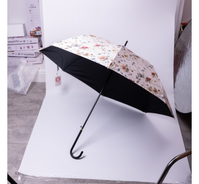 Парасоля тростина напівавтомат складна 99 см з квітковим принтом, бежевий