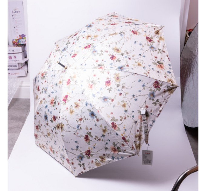 Парасоля тростина напівавтомат складна 99 см з квітковим принтом, бежевий