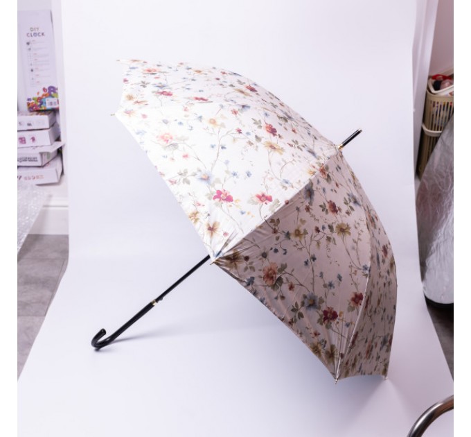 Парасоля тростина напівавтомат складна 99 см з квітковим принтом, бежевий