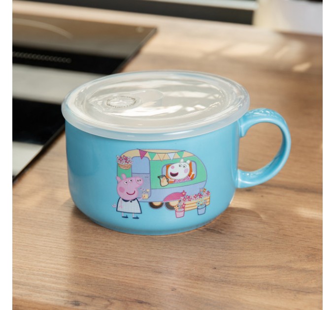 Миска для локшини порцелянова Summer Time 770 мл з герметичною кришкою, блакитний