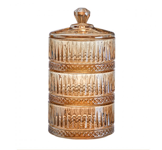 Цукерниця трирівнева з кришкою скляна ребриста, коричневий