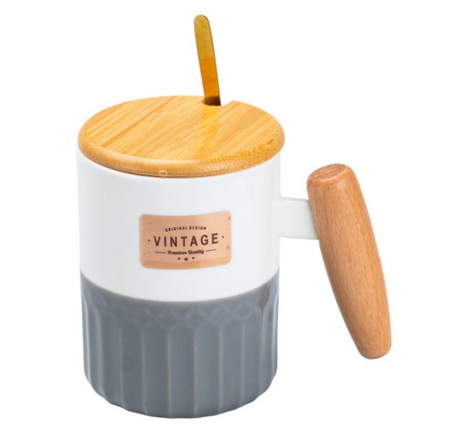 Чашка керамічна 400 мл Vintage з бамбуковою кришкою та ложкою, сірий з білим
