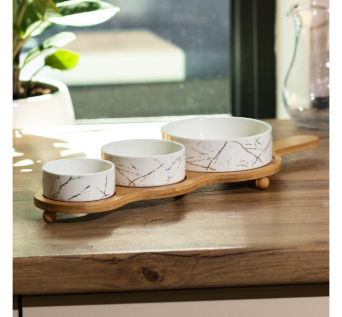 Набір для закусок порцеляновий 3 предмети на бамбуковій підставці