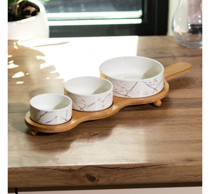 Набір для закусок порцеляновий 3 предмети на бамбуковій підставці