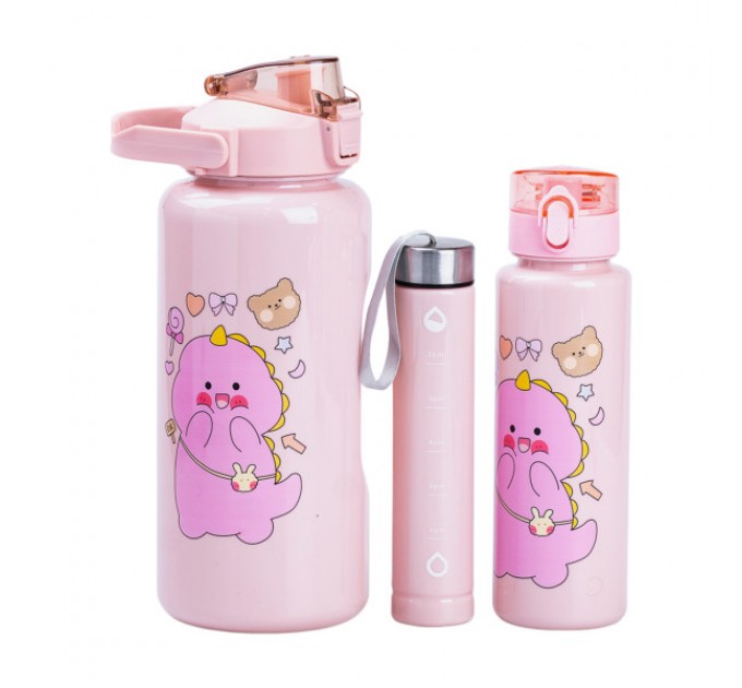 Набір пляшок для води Динозавр 300/700/2000 мл, рожевий
