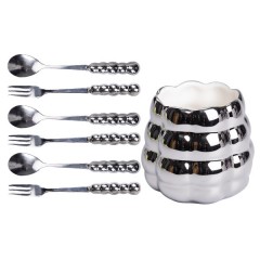 Набір десертних вилок та ложок з керамічною підставкою, сріблястий