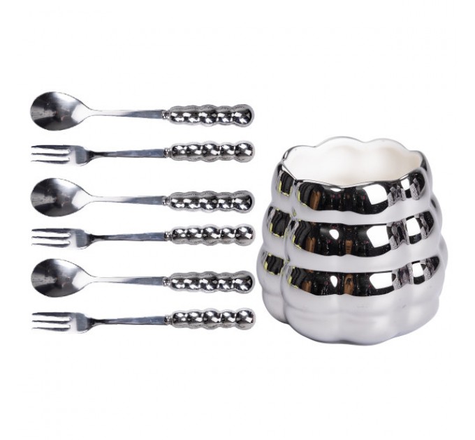 Набір десертних вилок та ложок з керамічною підставкою, сріблястий