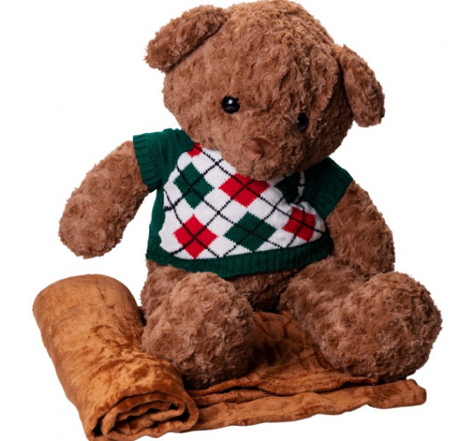 М'яка іграшка Ведмедик у зеленому светрі з пледом 110*150см, коричневий