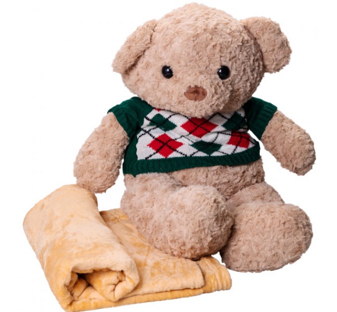 М'яка іграшка Ведмедик у зеленому светрі з пледом 110*150см, бежевий