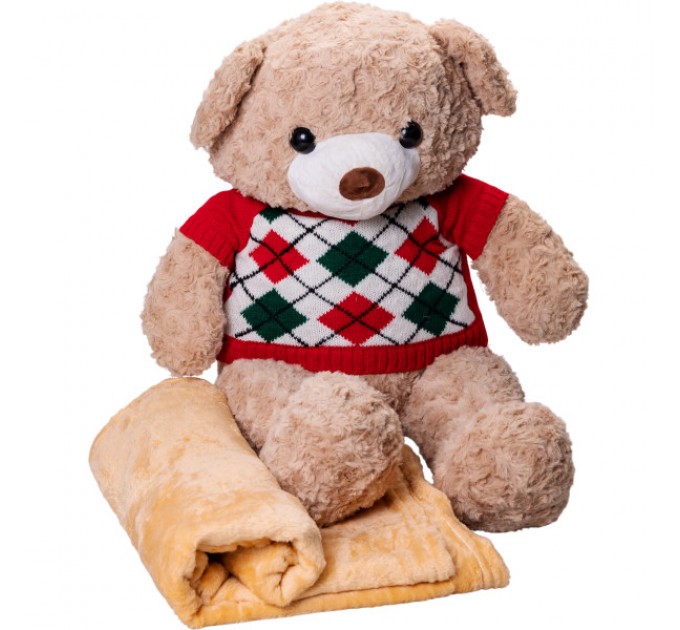 М'яка іграшка Ведмедик у червоному светрі з пледом 110*150см, бежевий