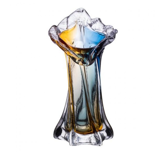 Ваза ручної роботи Crystal Coast скляна 22 см, жовто-синій