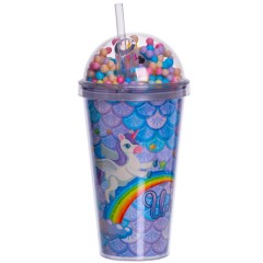 Склянка багаторазова Єдиноріг з кришкою та трубочкою, блакитний