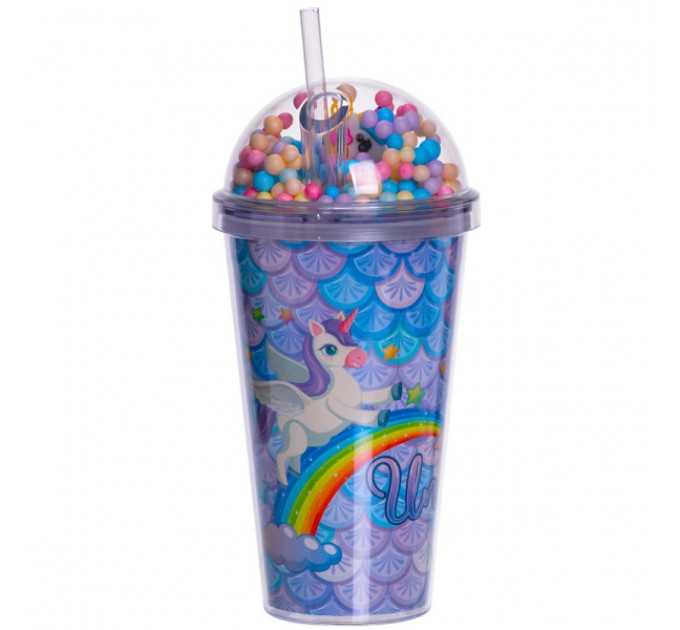 Склянка багаторазова Єдиноріг з кришкою та трубочкою, блакитний