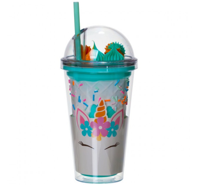 Склянка багаторазова Єдиноріг з кришкою та трубочкою, бірюзовий Склянка багаторазова Єдиноріг з кришкою та трубочкою, бірюзовий