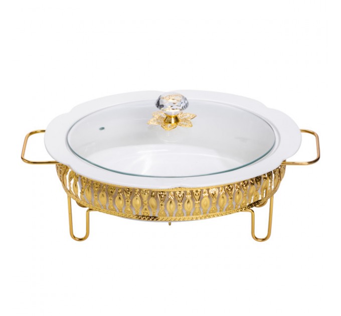 Мармитница фарфоровая овальная 2 л на металлической подставке с подогревом, белый.