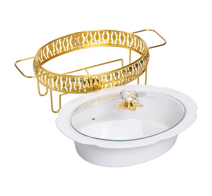 Мармитница фарфоровая овальная 2 л на металлической подставке с подогревом, белый.