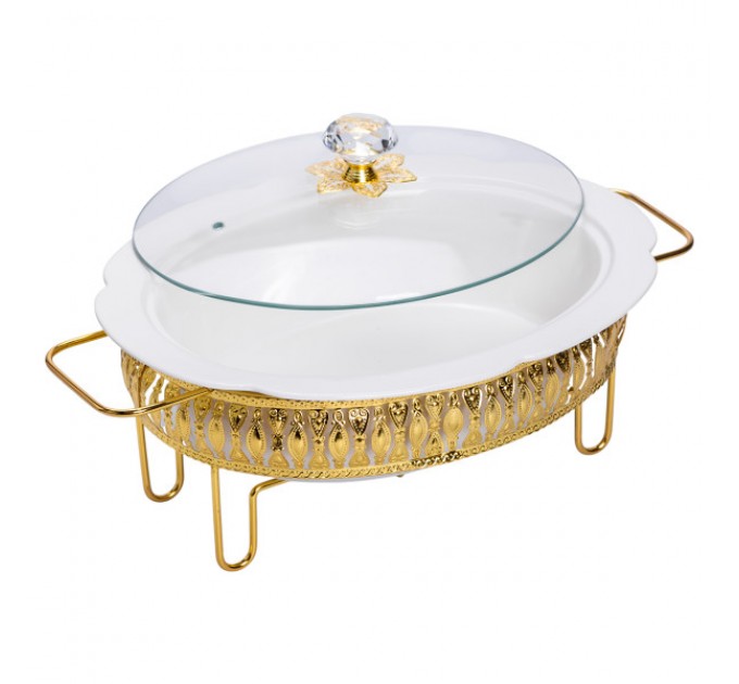 Мармитница фарфоровая овальная 2 л на металлической подставке с подогревом, белый.