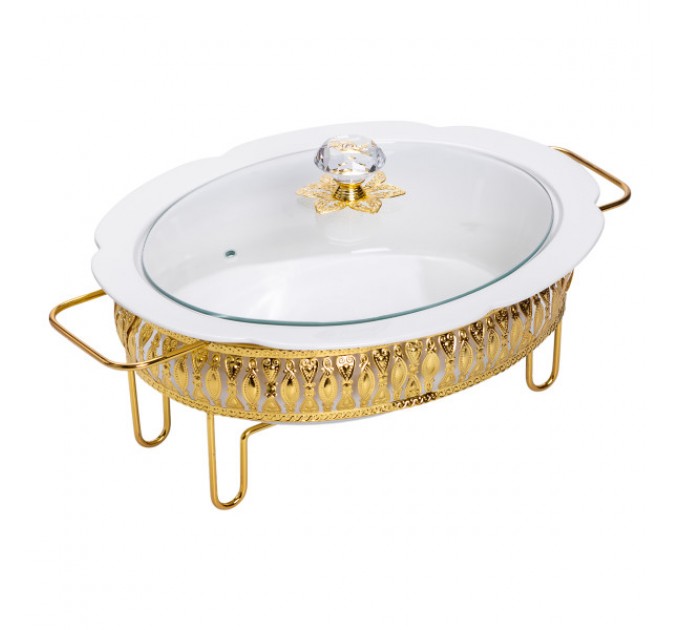 Мармитница фарфоровая овальная 2 л на металлической подставке с подогревом, белый.